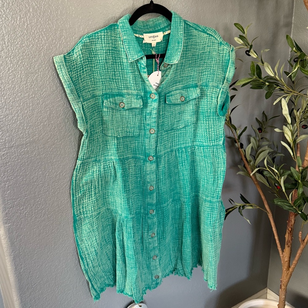 Umgee Acid Washed Tiered Button Down Dress
